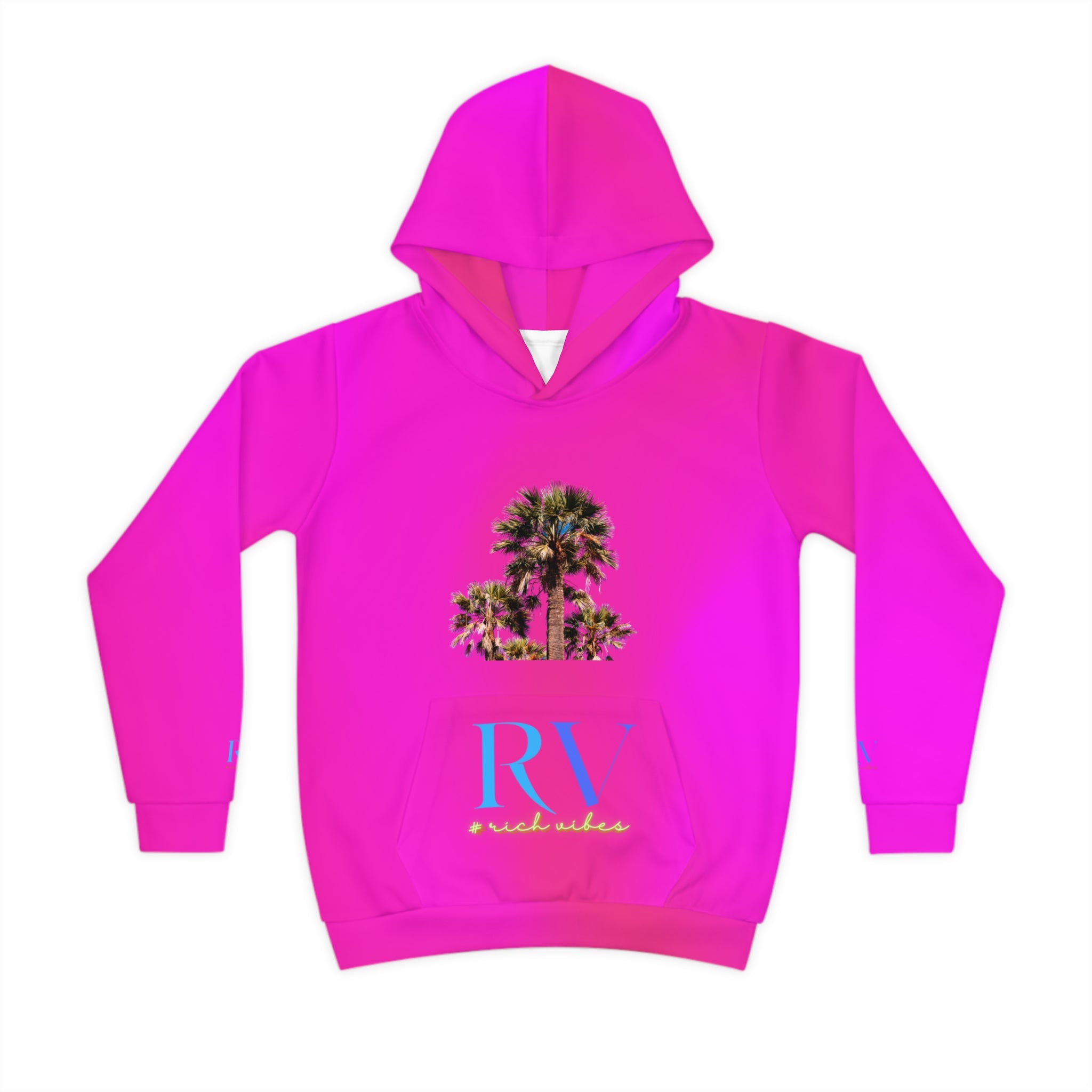 Rich Vibes Follow Your Dreams Tropical Pink RV Color Palm Tree Black 3 -  Children's Hoodie (AOP)